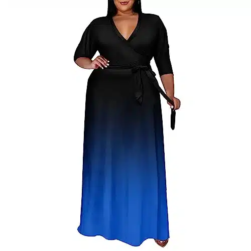 Runwind Plus Size Dresses for Women Floral Maxi Dress Flowy Sleeve with Belt Black Blue XL