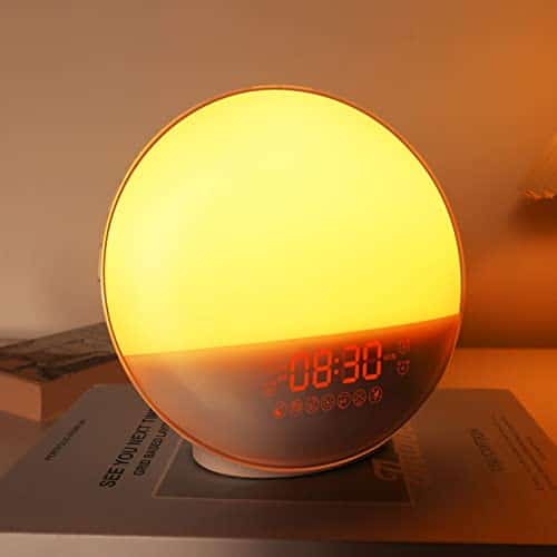 Sunrise Alarm Clock for Heavy Sleepers, Wake Up Light with SunriseSunset Simulation, Dual Alarms & Natural Sounds, Snooze & Sleep Aid, FM Radio, Colors Night Light for Bedroom, Ideal for Gift