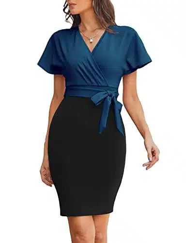 Wedding Guest Dresses for Women Elegant Pencil Bodycon Professional Dress Vintage Stretchy Navy Black L