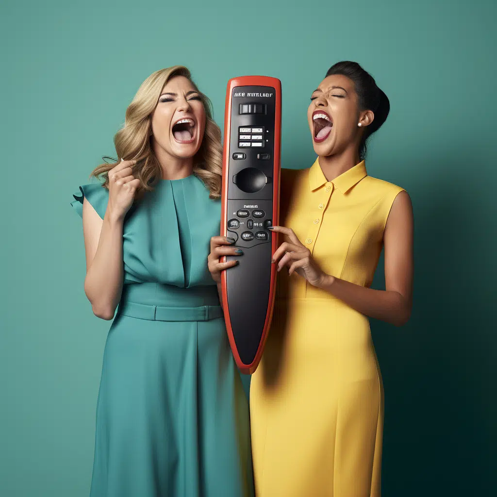 Best female supermodels holding giant remote with button and laughings