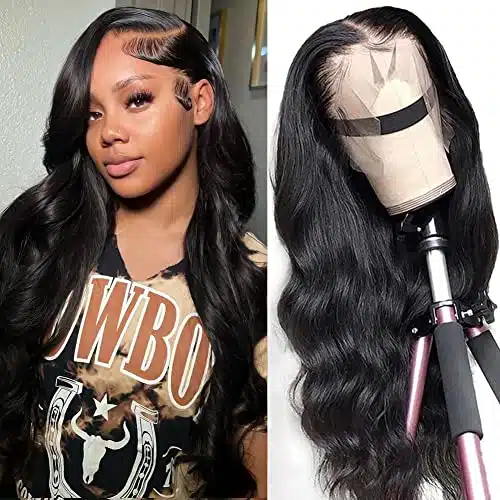 Body Wave Lace Front Wigs Human Hair Pre Plucked xHD Transparent Lace Frontal Wig with Baby Hair % Density Brazilian Virgin Human Hair Lace Front Wigs for Women Natural Black inch