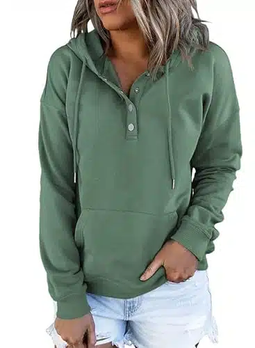 Dokotoo Women's Fashion Hoodies & Sweatshirts Drawstring Long Sleeve Front Button Collar Hooded Pullovers with Pockets Winter Sweatshirts Loose Fit Casual Ladies Fall Shirt Tops X Large