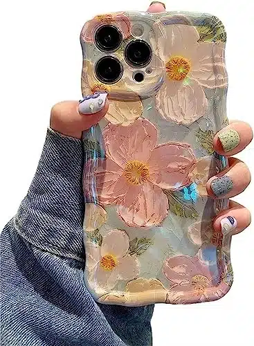 EYZUTAK Case for iPhone Pro Max, Colorful Retro Oil Painting Printed Flower Laser Glossy Pattern Cute Curly Wave Edge Exquisite Stylish Durable TPU Protective Phone Cover for Girls Women Green