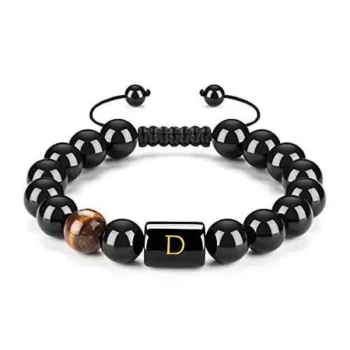 FRG Initials Bracelets for Men Letter Link Handmade Natural Black Onyx Tiger Eye Stone Beads Braided Rope Meaningful Bracelet (obsidian D, obsidian)