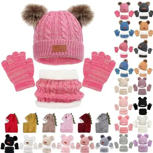 Homisy Amazon Black Sale Friday Cyber Lightning Monday Deals of Today Toddler Hat Scarf Gloves Sets Knitted Gloves Warm Beanie Cap Pompom Collar Warmer Mittens for Cold Weather Piece