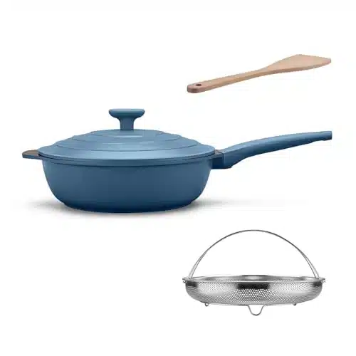 LIGTSPCE All in One Pan,Always Nonstick Large Skillet,Deep Frying Pan with Lid(inch), Multipurpose Saute pan with Strainer,PFOA Free chefâs pan,Dishwasher and Oven Safe (Cerulean)