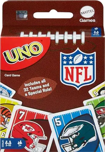 Mattel Games UNO NFL Card Game for Kids & Adults, Travel Game with NFL Team Logos & Special Rule in Storage Tin Box