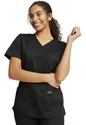 Mock Wrap Top Scrubs for Women Workwear Revolution, Soft Stretch, Easy Care W, S, Black