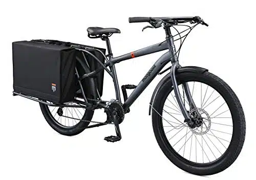 Mongoose Envoy Cargo Bike with Inch Wheels in Grey, SmallMedium Frame, with Speeds, Shimano Drivetrain, Aluminum Cargo Frame, Internal Cable Routing, Mechanical Disc Brakes, and Center Kickstand