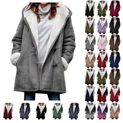 Sblioda Black Deal Friday Sales On Amazon Cyber Sales Monday Clearance deal SuedeÂ FleeceÂ LinedÂ JacketÂ withÂ HoodÂ forÂ WomenÂ WinterÂ SherpaÂ LinedÂ JacketsÂ HornÂ ButtonsÂ ThickenÂ CoatÂ FallÂ WarmÂ Outwear