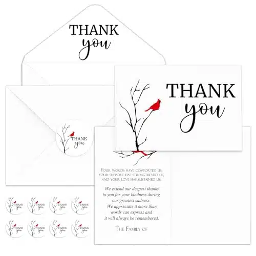 Set Funeral Thank You Cards with Envelopes and Stickers Thank You Sympathy Cards with Meaningful Message Bereavement Cards for Funeral Family Friends Loved Ones Celebration of Life (Cardinal)