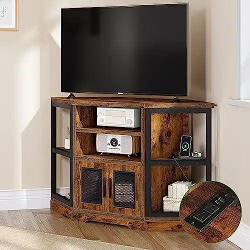 YITAHOME Corner TV Stand for TVs up to Inch with Power Outlet, Modern Farmhouse Entertainment Center, Wood TV Media Console with Storage Cabinets Shelves for Living Room Bedroom, Retro Brown