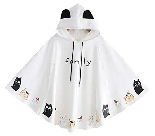 Cosplay Anime Bunny Emo Girls Sweater Hoodie Ears Costume Panda Cat Emo Bear Jacket T Shirt Top Shirt (White Poncho)