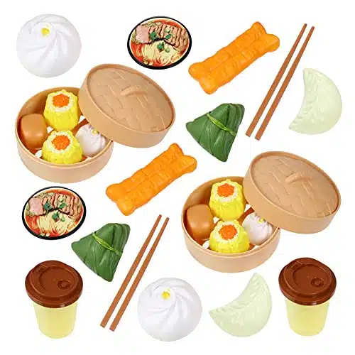 Play Food pcs Pretend Play Toy Asia Dim Sum Set Steamer Buns Chinese Breakfast Toy for Kids Food Kitchen Set Cooking Dish Asia Tea Time Birthday Gift, Style Random