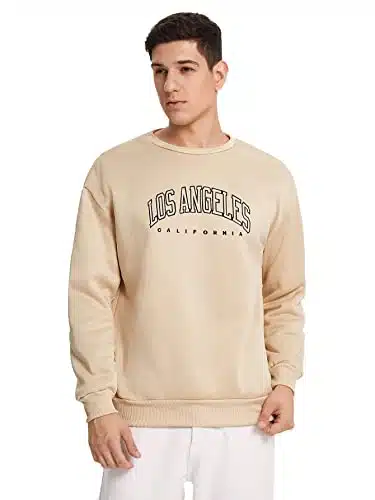 SheIn Men's Casual Letter Print Long Sleeve Crewneck Drop Shoulder Sweatshirt Tops Khaki L