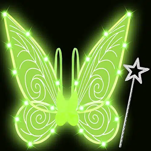 U Goforst Light Up Fairy Wings  LED Butterfly Wings with Wand for Adult Women Girls, Halloween Costume Cosplay Dress Up Green with Green Light