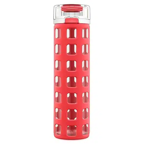 Ello Syndicate Glass Water Bottle with One Touch Flip Lid and Protective Silicone Sleeve and Carry Loop, BPA Free, Dishwasher Safe, Coral, oz