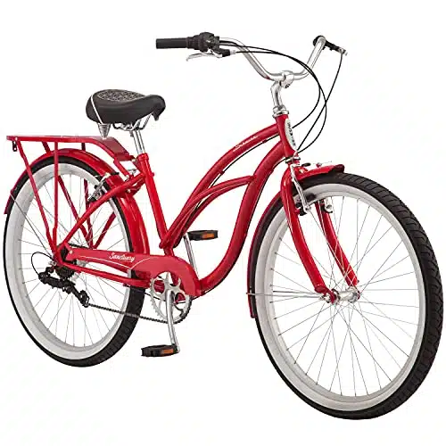 Schwinn Sanctuary en and Women Comfort Beach Cruiser Bike, Inch Wheels, Speed Drivetrain, Retro Styled InchMedium Steel Step Over Frame, Front and Rear Fenders, Rear Cargo Rack, Red