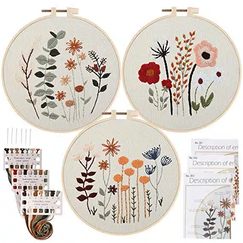 Uphome Pack Embroidery Starter Kit for Beginners Stamped Cross Stitch Kits with Cute Flowers and Plants Patterns with Embroidery Hoop and Color Threads for Adults Kids