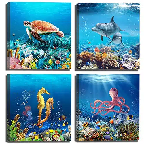 Yang Hong Yu Blue Ocean Aquatic Animals Decor Wall Art Turtle Starfish Seahorse Undersea Coral Pictures Canvas Prints Artwork for Kids Room Wall Decoration xxPanels