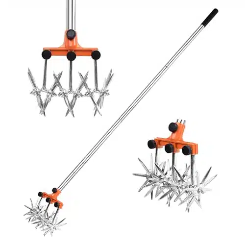 BARAYSTUS Rotary Cultivator Garden Rotary Tiller Adjustable Stainless Steel Poles Hand Tiller for Soil Mixing or Reseeding Grass Lawn Tiller Total Length Inch.