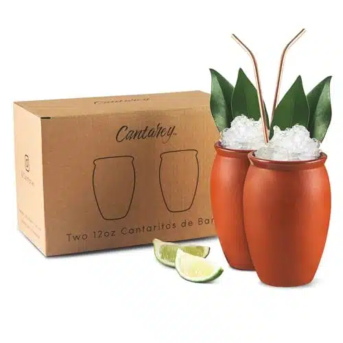 CANTAREY   oz Clay Cups for Tequila, Margaritas, Mojitos and More, Cantaritos de Barro Mexicanos, Natural Clay Margarita Glasses, Taco Tuesday Tazas de Barro, Set of