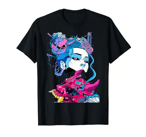 Cyberpunk Aesthetic Samurai Demons Mask Japanese Girl T Shirt