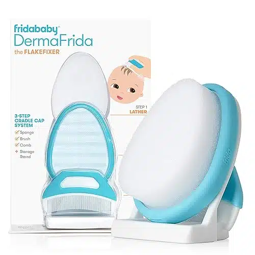 Frida Baby The Step Cradle Cap System, DermaFrida The FlakeFixer, Sponge, Brush, Comb and Storage Stand for Babies with Cradle Cap, White Blue