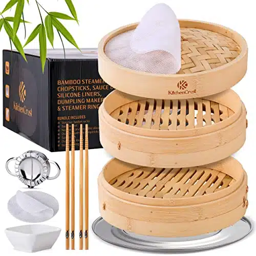 KITCHENCRUST Bamboo Steamer Basket for Chinese Asian Cuisine   Tier Inch Steaming Basket Bun Vegetable Steamer, Dumpling Steamer bamboo steam basket, Sauce Dish, Chopsticks, R