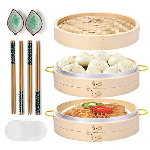 MacaRio Bamboo Steamer Basket Set inch Steamer for Cooking, with Side Handles Chopsticks Ceramic Sauce Dishes Paper Liners, for Dim Sum Dumplings Buns Seafoods Rice Asian Food