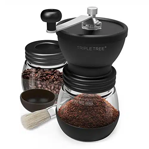 Manual Coffee Grinder with Ceramic Burrs, Hand Coffee Mill with Two Glass Jars(oz each), Brush and Tablespoon Scoop