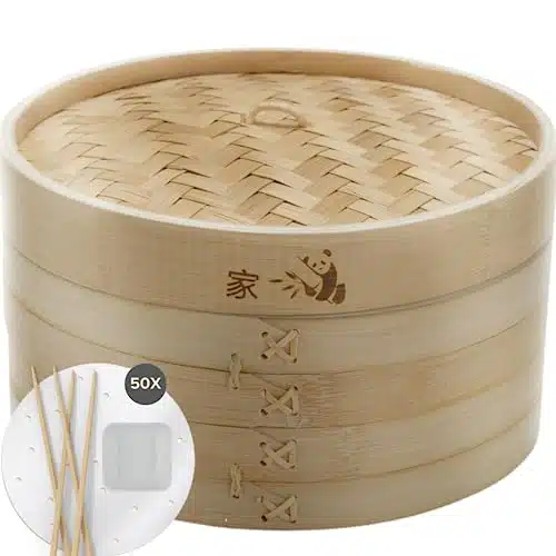 Prime Home Direct Bamboo Steamer Basket inch  Tier Steamer for Cooking  Liners, Chopsticks & Sauce Dish  Dumpling Steamer, Food Steamer Baskets for Cooking   Rice & Vegetable 