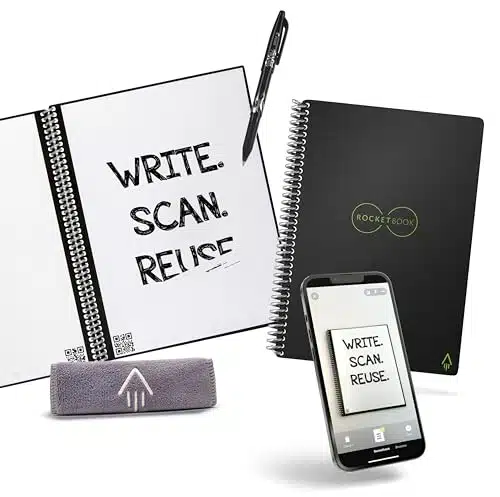 Rocketbook Core Reusable Smart Notebook  Innovative, Eco Friendly, Digitally Connected Notebook with Cloud Sharing Capabilities  Dotted, x , Pg, Infinity Black, with Pen, Clot