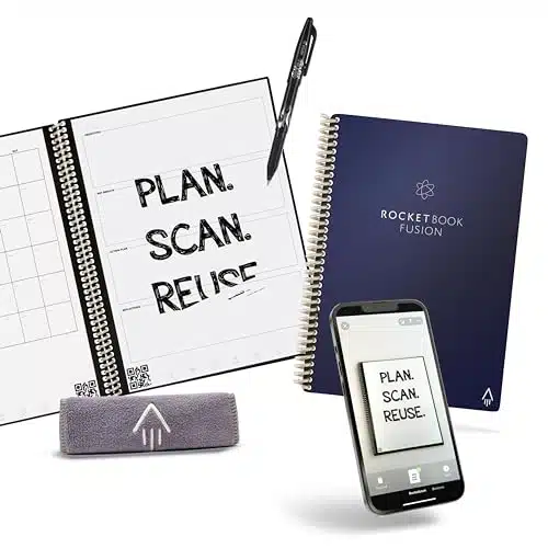 Rocketbook Planner & Notebook, Fusion  Reusable Smart Planner & Notebook  Improve Productivity with Digitally Connected Notebook Planner  Dotted, x , Pg, Midnight Blue