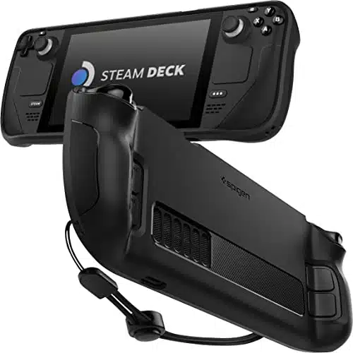 Spigen Rugged Armor Protective Case for Steam Deck LCD ()  OLED ()   TPU Cover with Wrist Strap, Shock Absorption, Anti Scratch Protector   Matte Black