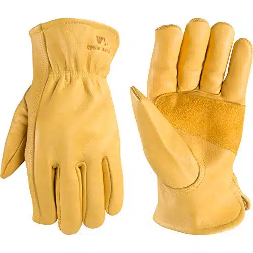 Wells Lamont Men's Reinforced Cowhide Leather Work Gloves with Palm Patch  Large (L) , Tan, Saddletan