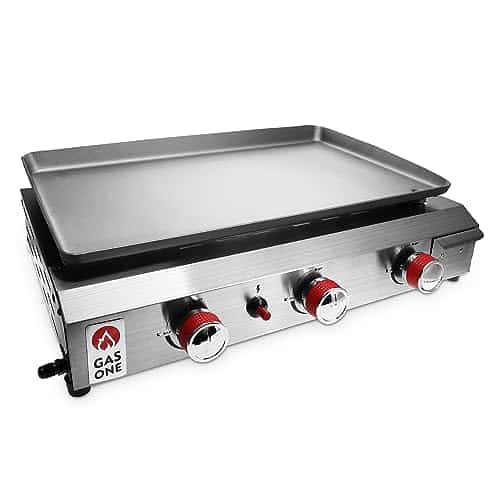 Gas One Flat Top Grill with Burners  Auto Ignition Propane Portable Gas Grill  Premium Stainless Steel Body Tabletop Grill with Pre Season Griddle  Convenient Drip Tray  Ideal