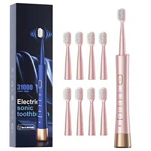 Sonic Electric Toothbrush for Adults, USB Rechargeable Sonic Toothbrush with Brush Heads, Smart Timer, odes, Hour Fast Charge Last Days, Pink