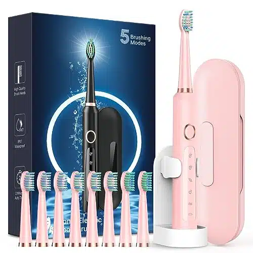 Sonic Rechargeable Electric Toothbrushes for Adults with Brush Heads & Travel Case,Teeth Whitening , Power Toothbrush with Holder, Hours Charge for Days   Pink